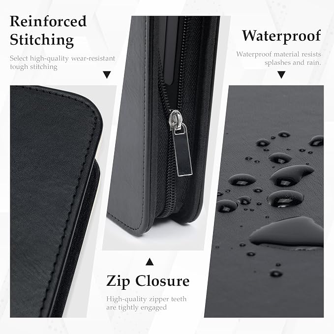 EYROZILL Zipper Portfolio Binder, 3 Ring Leather Binders 1-Inch Capacity for 8.5x11, with Document Pockets, Card Slots & Phone Holder (Black)