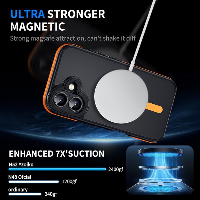Strong Magnetic Case for iPhone 16 [10Ft Military-Grade Protection] Compatible with fit MagSafe Shockproof Slim Thin Cover 6.1 inch 16 Phone case, Orange Bumper