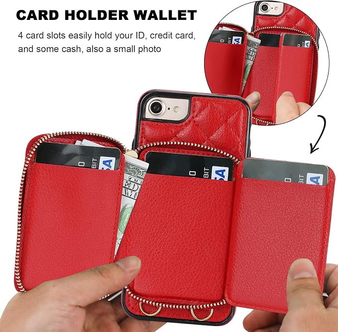 Bocasal Crossbody Wallet Case for iPhone SE 2022/SE 2020/8/7, RFID Blocking PU Leather Zipper Handbag Purse Flip Cover, Kickstand Folio Case with Card Slots Holder Wrist Strap Lanyard 4.7 Inch (Red)