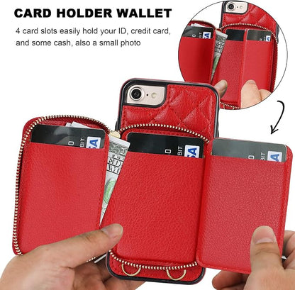 Bocasal Crossbody Wallet Case for iPhone SE 2022/SE 2020/8/7, RFID Blocking PU Leather Zipper Handbag Purse Flip Cover, Kickstand Folio Case with Card Slots Holder Wrist Strap Lanyard 4.7 Inch (Red)