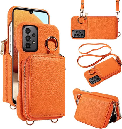 Wallet Case for Samsung Galaxy A32 5G 2021 6.5 inch with Shoulder Strap Ring Buckle Zipper Flip Organ Purse Credit Card Holder Stand Phone Cover for M32 G5 A 32 32A S32 SM-A326U A326U Orange