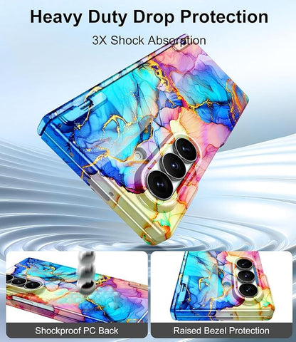 Btscase for Samsung Galaxy Z Fold 7 Case,Built in Front Screen Protector,Gold Glitter Marble Pattern Hard PC Slim Shockproof Full Body Drop Protective Case for Galaxy Z Fold 7 5G, Bright Blue