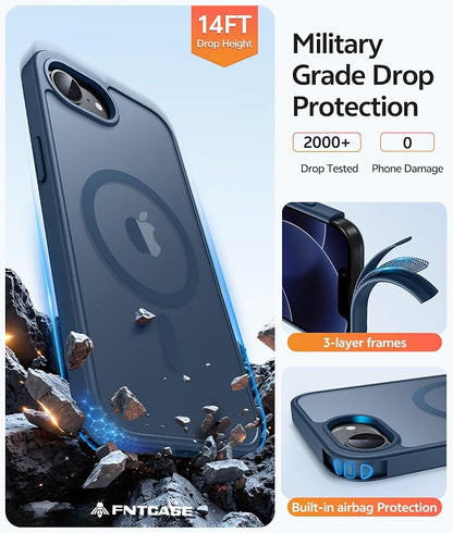 FNTCASE for iPhone 17e Case: iPhone 16e Phone Case [Compatible with Magsafe] Translucent Matte Cases with [Screen Protector] Military Grade Shockproof Protective Phone Cover - Blue