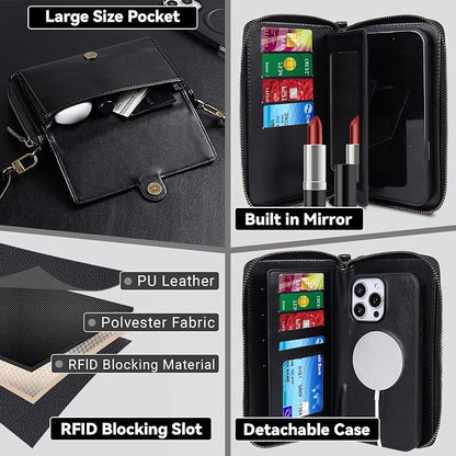 Lacass for iPhone 17 Detachable Crossbody Wallet Case, Compatible with MagSafe Magnetic 2 in 1 RFID Blocking PU Leather Wallet Cover Card Holder Zipper Make Up Mirror (Black)