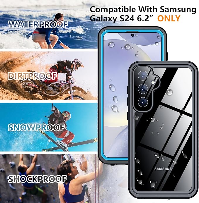 Temdan Designed for Samsung Galaxy S24 Case,Waterproof Built-in Lens & Screen Protector [Full Body Shockproof][Military Drop Proof][IP68 Underwater] Phone Case for Galaxy S24 5G-LightBlue (2024)