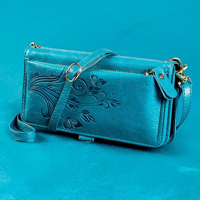 Lacass for iPhone 16 Pro Max Case Wallet,[Cards Theft Scan Protection] Card Holder Zipper Leather Flip Cover Crossbody Wrist Strap with Stand (Floral Blue Green)