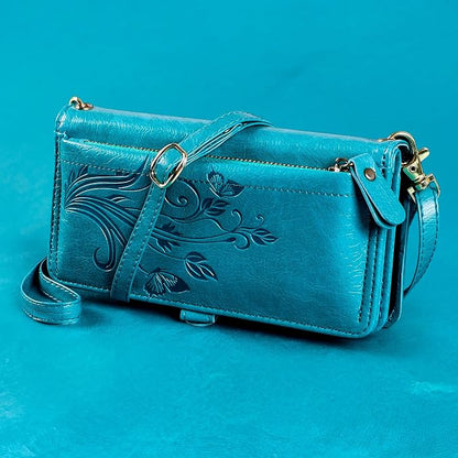 Lacass for iPhone 16 Pro Max Case Wallet,[Cards Theft Scan Protection] Card Holder Zipper Leather Flip Cover Crossbody Wrist Strap with Stand (Floral Blue Green)