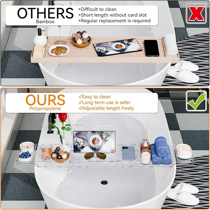 Yieach Luxury Clear Bathtub Shelf Across Tub,Expandable Plastic Bathtub Tray Over The Tub Bath Caddy,Free Standing Bath Table Board & Accessories for Women Relaxing with Reading Book and Ipad Holder