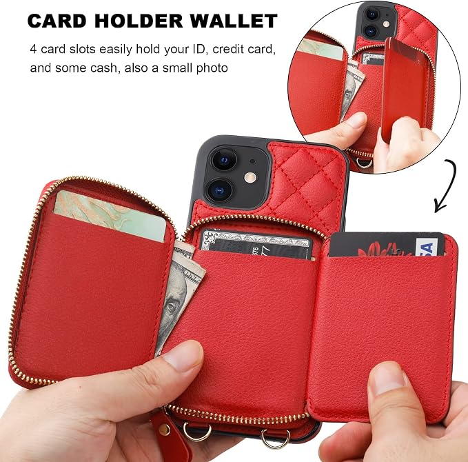 Bocasal Crossbody Wallet Case for iPhone 12/12 Pro, RFID Blocking PU Leather Zipper Handbag Purse Flip Cover, Kickstand Folio Case with Card Slots Holder Wrist Strap Lanyard 5G 6.1 Inch (Red)
