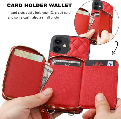 Bocasal Crossbody Wallet Case for iPhone 12/12 Pro, RFID Blocking PU Leather Zipper Handbag Purse Flip Cover, Kickstand Folio Case with Card Slots Holder Wrist Strap Lanyard 5G 6.1 Inch (Red)