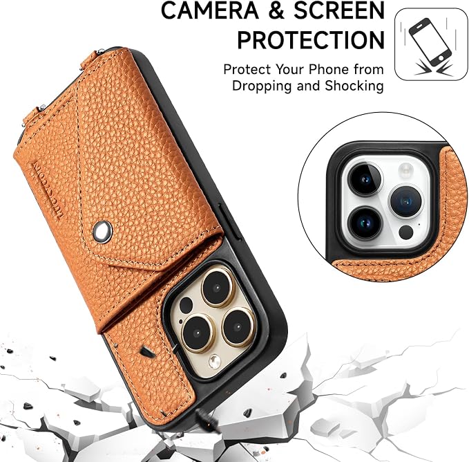 LUCKYCOIN for iPhone 14 Pro Crossbody Wallet Case – Genuine Leather Phone Purse with Adjustable Strap and Card Holder,Lanyard Phone Purse Case for Women,Pebble Grain Brown