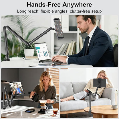 iPad Holder for Desk, Adjustable Tablet Arm iPad Desk Mount with C-Clamp, 30" Foldable Long Arm & 360° Rotation, Fits 4.7"–15.6" i Pad Pro/Air/Mini, Phones & 15.6" Portable Monitors for Desk/Bed Use
