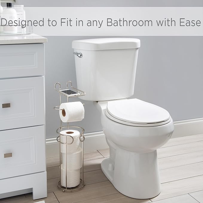 Bath Bliss Contemporary Toilet Paper Reserve and Dispenser | Dimensions: 6. 5" x 6. 5" x 25. 6" | Build in Shelf to Hold Cellphone | Holds 4 Toilet Paper Rolls | Bathroom Accessories | Stain