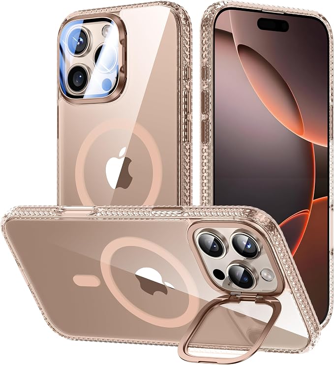 [Upgraded] for iPhone 16 Pro Case with Camera Cover Stand [Fit for MagSafe][9H Camera Lens Protector] Mil-Grade Protection Transparent Magnetic iPhone 16 Pro Phone Case, Clear Gold