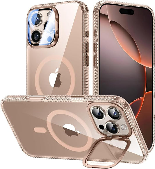 [Upgraded] for iPhone 16 Pro Case with Camera Cover Stand [Fit for MagSafe][9H Camera Lens Protector] Mil-Grade Protection Transparent Magnetic iPhone 16 Pro Phone Case, Clear Gold