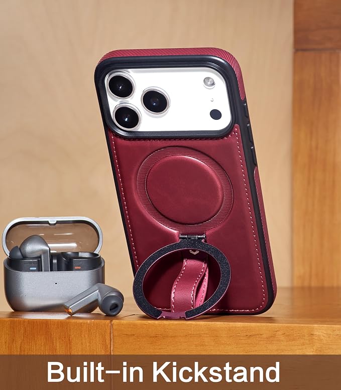 for iPhone 17 Pro Max Leather Case with Stand, Anti-Slip Grip Ring, Fits for MagSafe (Burgundy, iPhone 17 Pro Max)