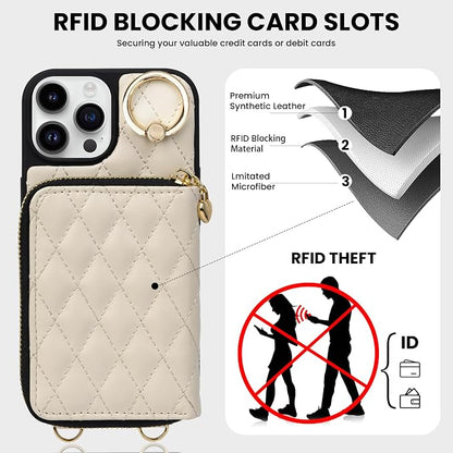 Keallce for iPhone 16 Pro Max 6.9'' Wallet Case, Crossbody Zipper Purse with Wristlet for Women, RFID Blocking Card Holders, 360° Ring Kickstand Flip Leather Case for iPhone 16 Pro Max, Beige
