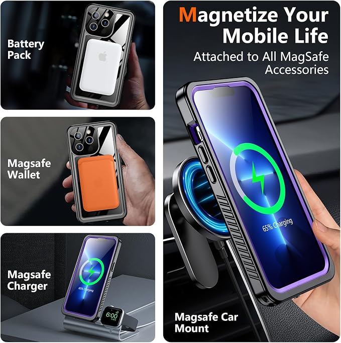 SPIDERCASE Magnetic for iPhone 13 Pro Max Case Waterproof,Built-in Screen & Camera Lens Protector[IP68 Underwater] [Military Grade Shockproof] Full Body Protection Phone Case,Purple/Clear