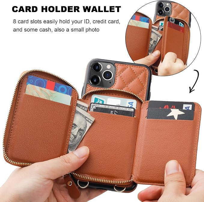 Bocasal Crossbody Wallet Case for iPhone 11 Pro Max, RFID Blocking PU Leather Zipper Handbag Purse Flip Cover, Kickstand Folio Case with Card Slots Holder Wrist Strap Lanyard 6.5 Inch (Brown)