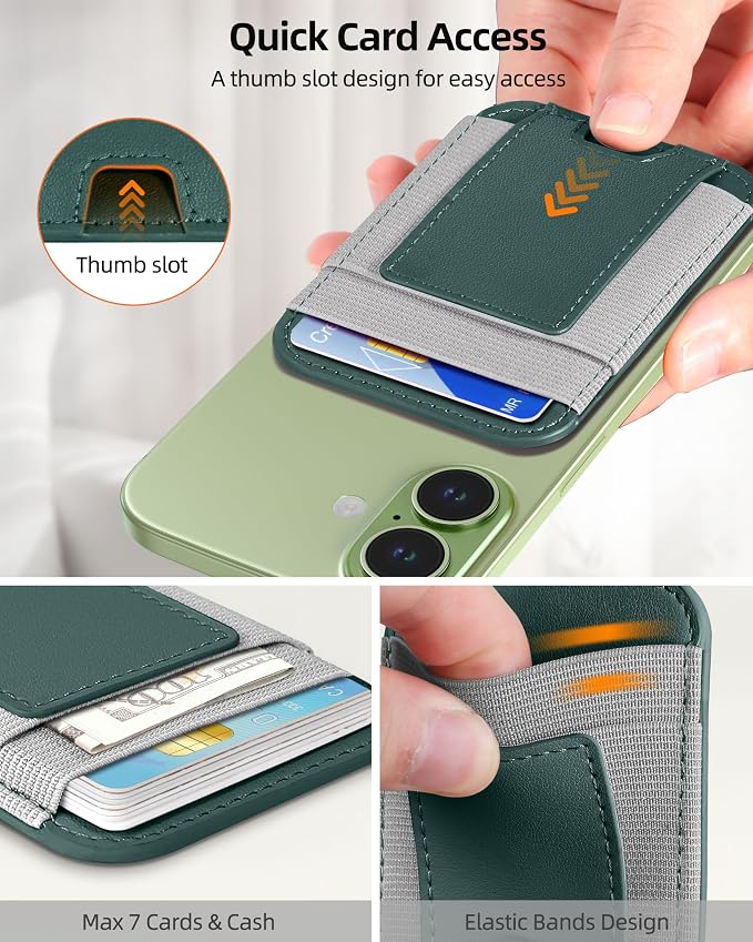 Upgraded for Magsafe Wallet, Strongest Magnetic Wallet, for iPhone Walle t Magsafe with 2 Card Slots, Magnetic Card Holder for iPhone 17/16/15/14/13/12 Series, Slim, Vegan Leather, Fit 7 Cards, Green