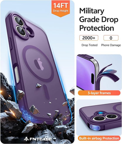 FNTCASE for iPhone 16 Case: [Compatible with Magsafe] Translucent Matte Cases with [Full Camera Protection] [Screen Protector] Military Grade Shockproof Protective Phone Cover - Purple