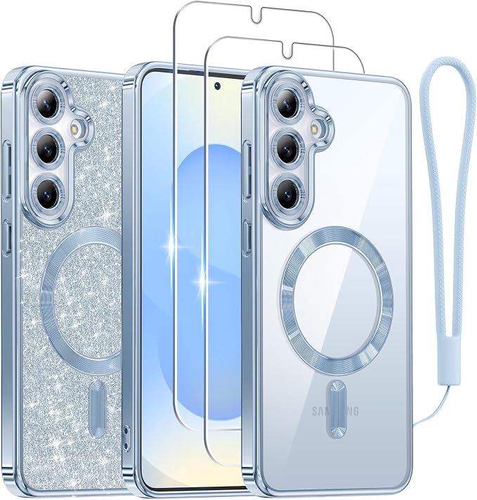 Meifigno Case Designed for Samsung Galaxy S25 6.2 inch, [Compatible with MagSafe] [2X HD Screen Protectors] [Glitter Card & Wrist Strap] Full Lens Protection Case for Galaxy S25, Icyblue