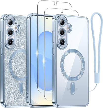 Meifigno Case Designed for Samsung Galaxy S25 6.2 inch, [Compatible with MagSafe] [2X HD Screen Protectors] [Glitter Card & Wrist Strap] Full Lens Protection Case for Galaxy S25, Icyblue