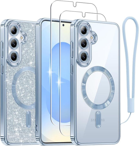 Meifigno Case Designed for Samsung Galaxy S25 6.2 inch, [Compatible with MagSafe] [2X HD Screen Protectors] [Glitter Card & Wrist Strap] Full Lens Protection Case for Galaxy S25, Icyblue