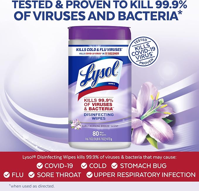 Lysol Disinfectant Wipes, Multi-Surface Antibacterial Cleaning Wipes, Dorm Room Essentials For Disinfecting and Cleaning, Early Morning Breeze, 80 Count (Pack of 1)