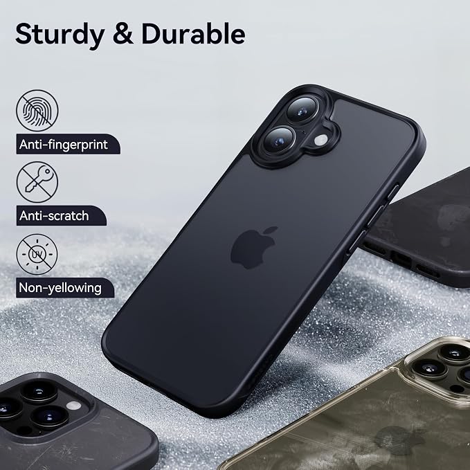 CASEKOO for iPhone 16 Case, [Never Yellow Technology] [Mil-Grade Drop Protection] Translucent Slim Cover Women Men for iPhone 16 Case Phone Case 6.1 inch, Frosted Black
