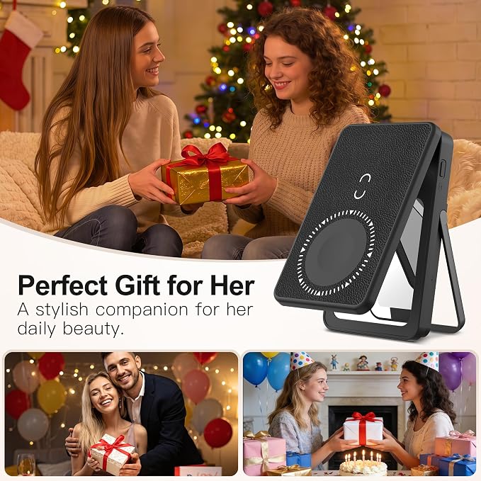Magnetic Wireless Power Bank 5-in-1, 5000mAh Portable Charger with LED Mirror, Phone Stand, Card Holder & Bluetooth Remote, 20W Fast Charging for iPhone & Android, Travel Essential for Women