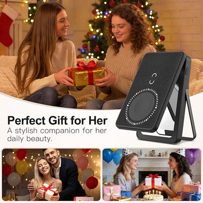 Magnetic Wireless Power Bank 5-in-1, 5000mAh Portable Charger with LED Mirror, Phone Stand, Card Holder & Bluetooth Remote, 20W Fast Charging for iPhone & Android, Travel Essential for Women