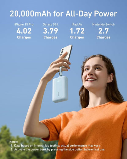 Anker Power Bank, 20,000mAh 30W Max Fast Portable Charger with Built-in USB-C and MFi Certified Lightning Cables, USB-C&A, Battery Pack for iPhone 17/16/15/14 Series, MacBook, Galaxy