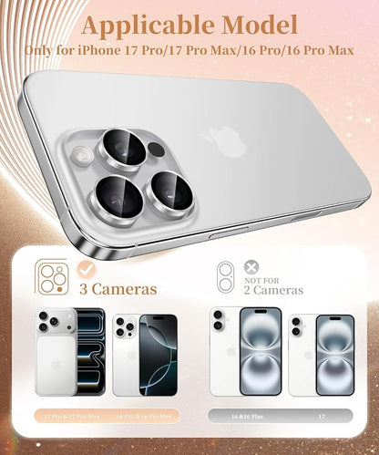 GolbinBox Camera Lens Protector for iPhone 17 Pro Max/17 Pro/16 Pro Max/16 Pro, 1:1 Invisible Fit, 9H Tempered Glass Ultra HD Metal Individual Camera Cover, Case Friendly, Silver