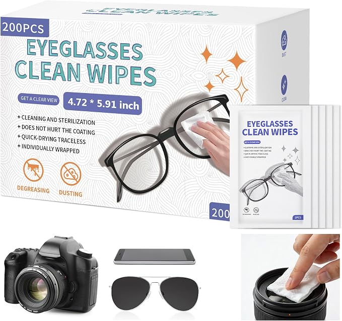 [200 Pack] Large Glasses Cleaner, Lens Wipes for Eyeglasses, Pre-Moistened Individually Wrapped Cleaning Wipes, Eye Glasses Cleaner Wipes for Camera, Phone, Computer, Laptop Screen (4.72 * 5.91 inch)