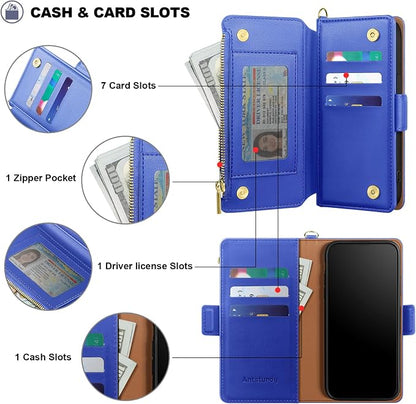 Antsturdy Compatible with iPhone 15 Wallet Case Card Holder【RFID Blocking】 PU Leather Phone Case Women Men flip Protective Cover Wrist Strap Zipper Credit Card Slots,for Apple 15 6.1",Purple Blue