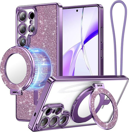 Meifigno Magnetic Case with Removable Phone Ring Stand for Samsung Galaxy S25 Ultra, [Glitter Card & Wrist Strap] [MagSafe Compatible] [Built in Mirror] Phone Ring Stand + Phone Case Kit, Purple