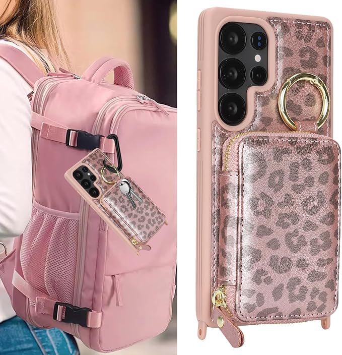 Crossbody Wallet Case for Galaxy S25 Ultra, PU Leather Zipper Handbag Purse Flip Cover, Kickstand Folio Case with Card Slots Holder Wrist Strap Lanyard -Pink Leopard