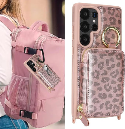 Crossbody Wallet Case for Galaxy S25 Ultra, PU Leather Zipper Handbag Purse Flip Cover, Kickstand Folio Case with Card Slots Holder Wrist Strap Lanyard -Pink Leopard