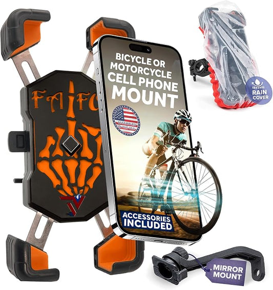 Terminal Velocity Sport - Motorcycle Phone Mount - Bike Cell Phone Holder - Bike Phone Mount, for iPhone & Android - Fits Harley Davidson, eBike, ATV, Bicycle - Incl. Mirror & Rain-Cover. (Orange)