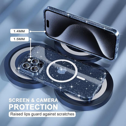 Choiche for iPhone 15 Pro Max Case Magnetic, Women Clear Glitter Bling Sparkly Case, [3xDiamond Camera Lens Protectors] [2xTempered Glass Screen Protectors] [Compatible MagSafe] (Glitter Blue)