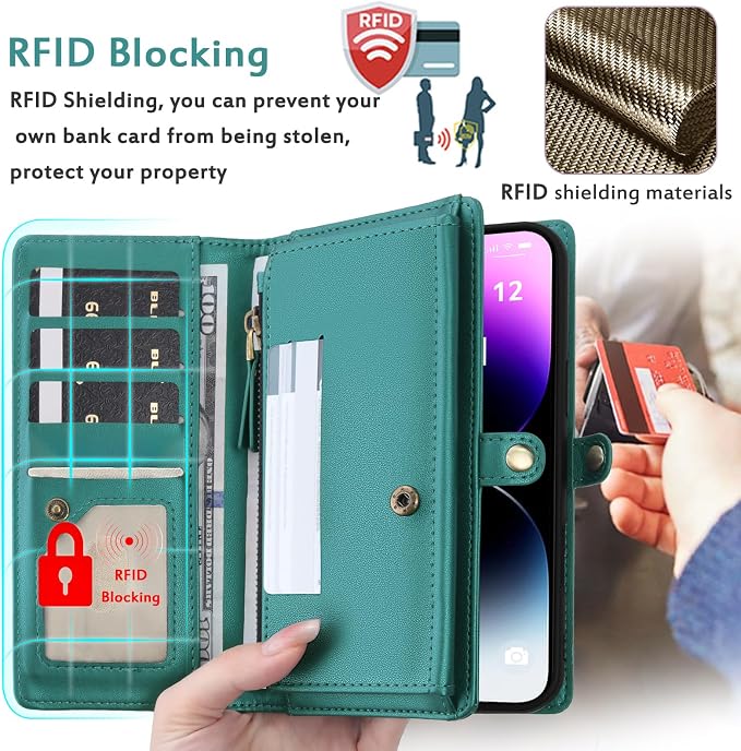 for Wallet Case Compatible with iPhone 14 Pro Max,Multi-Function Detachable 2 in 1 Magnetic iPhone 14 Pro Max Case Wallet,Flip Strap Zipper Card Holder Phone Case with Shoulder Straps (Green)