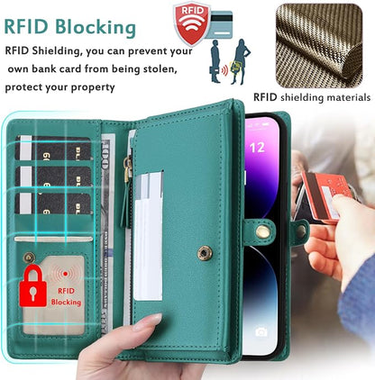 for Wallet Case Compatible with iPhone 14 Pro Max,Multi-Function Detachable 2 in 1 Magnetic iPhone 14 Pro Max Case Wallet,Flip Strap Zipper Card Holder Phone Case with Shoulder Straps (Green)