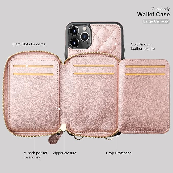 Bocasal Crossbody Wallet Case for iPhone 11 Pro Max, RFID Blocking PU Leather Zipper Handbag Purse Flip Cover, Kickstand Folio Case with Card Slots Holder Wrist Strap Lanyard 6.5 Inch (Rose Gold)