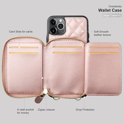Bocasal Crossbody Wallet Case for iPhone 11 Pro Max, RFID Blocking PU Leather Zipper Handbag Purse Flip Cover, Kickstand Folio Case with Card Slots Holder Wrist Strap Lanyard 6.5 Inch (Rose Gold)