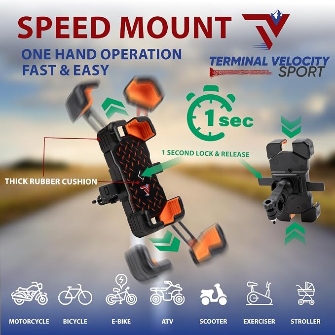 Terminal Velocity Sport - Motorcycle Phone Mount - Bike Cell Phone Holder - Bike Phone Mount, for iPhone & Android - Fits Harley Davidson, eBike, ATV, Bicycle - Incl. Mirror & Rain-Cover. (Blue)