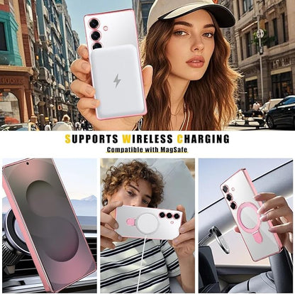 Magnetic Case for Samsung Galaxy S24 Case Stand & Ring Holder Compatible with MagSafe Built-in Camera Lens Protector Shockproof Phone Case for Samsung S24 - Pink