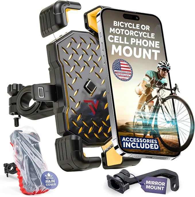 Terminal Velocity Sport Motorcycle Phone Mount - Bike Cell Phone Holder - Bike Phone Mount, for iPhone & Android - Fits Harley Davidson, eBike, ATV, Bicycle - Incl. Mirror & Rain-Cover