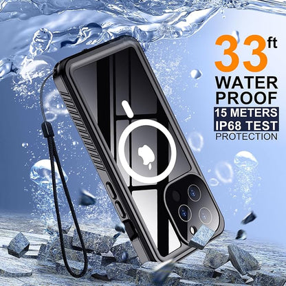 Temdan Magnetic for iPhone 13 Pro Max Case Waterproof, Built-in Screen Protector[IP68 Underwater][Compatible with MagSafe][Military Dropproof] Protective Case for iPhone 13 Pro Max-Black/Clear