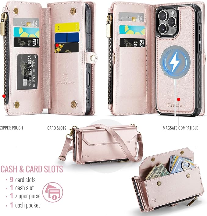 Strapurs for iPhone 16 Pro Detachable Wallet Case Compatible with Magsafe, RFID Blocking 9-Card Holder Zipper Wrist Strap Lanyard PU Leather Magnetic Phone Case for iPhone 16 Pro 6.3", Rose Gold